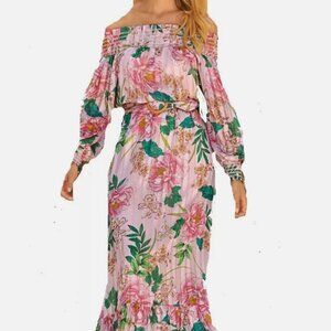 BOSTON PROPER XXS Pink Floral Off-the-Shoulder Peasant Maxi Dress MSRP $199 NWT
